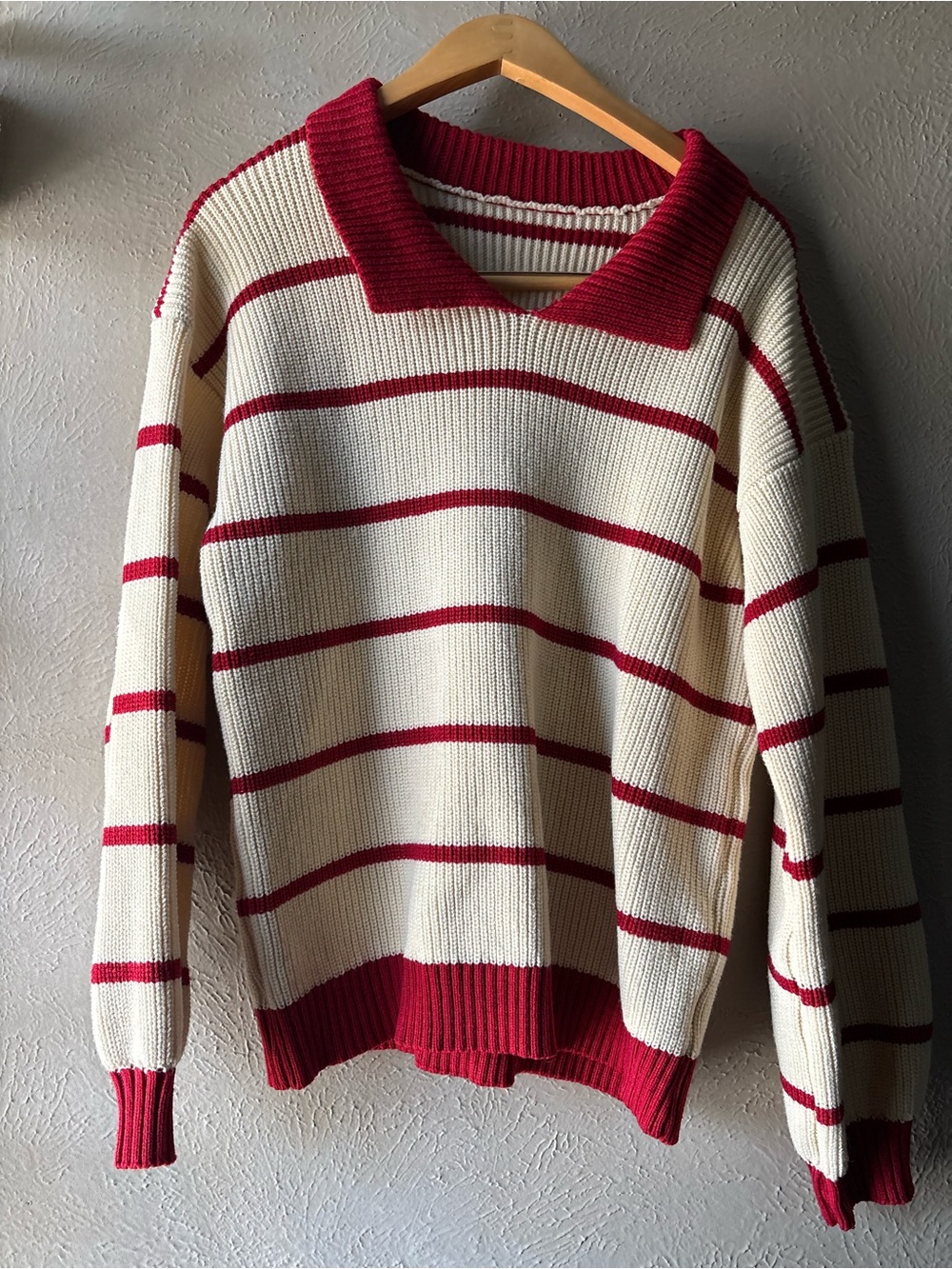 Cream Sweater with Red Stripes and Contrast Collar
